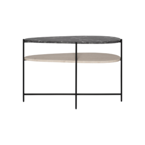 CONSOLA DOBLE NIVEL ACERO COLOR NEGRO, MÁRMOL INFINITY Y MÁRMOL TRAVERTINO EN CUBIERTA INFERIOR